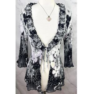 Vtg Y2K Blouse M Accordion pleat stretch tie front Floral Gothic Ruffled Fairy